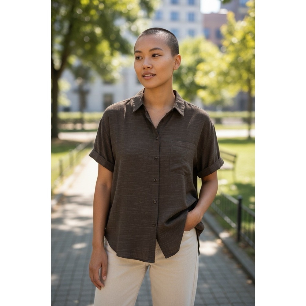 Apraw Brown Button Front Short Sleeve Blouse Women's Medium NWT